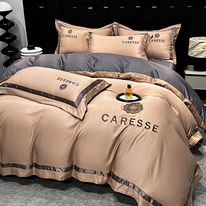 91家纺网 家纺一手货源 找家纺 妮恒美家纺 2025新款A版水洗真丝天丝B版纯棉刺绣绣花四件套全棉被套床单床笠款四件套 梦恋-金驼