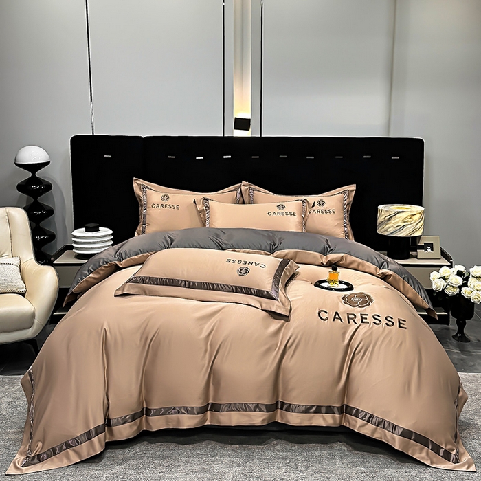 91家纺网 家纺一手货源 找家纺 妮恒美家纺 2025新款A版水洗真丝天丝B版纯棉刺绣绣花四件套全棉被套床单床笠款四件套 梦恋-金驼