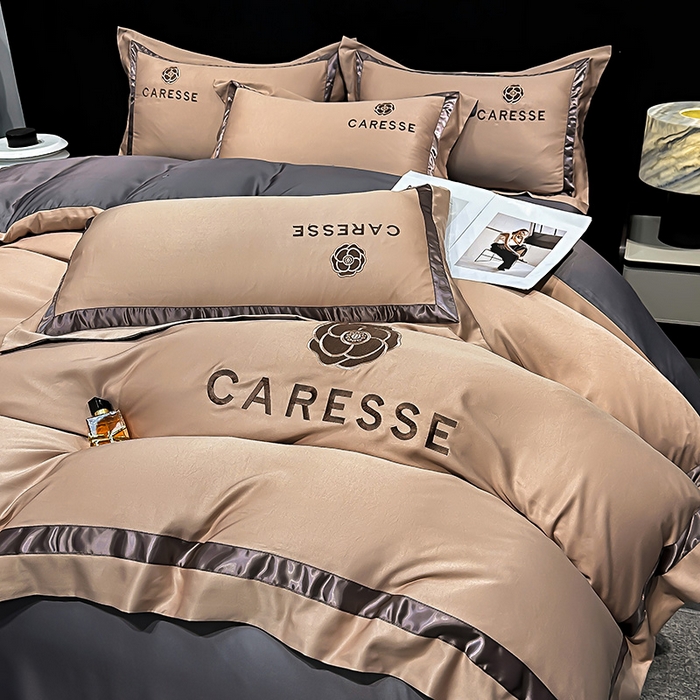 91家纺网 家纺一手货源 找家纺 妮恒美家纺 2025新款A版水洗真丝天丝B版纯棉刺绣绣花四件套全棉被套床单床笠款四件套 梦恋-金驼