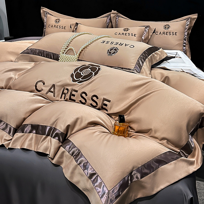 91家纺网 家纺一手货源 找家纺 妮恒美家纺 2025新款A版水洗真丝天丝B版纯棉刺绣绣花四件套全棉被套床单床笠款四件套 梦恋-金驼