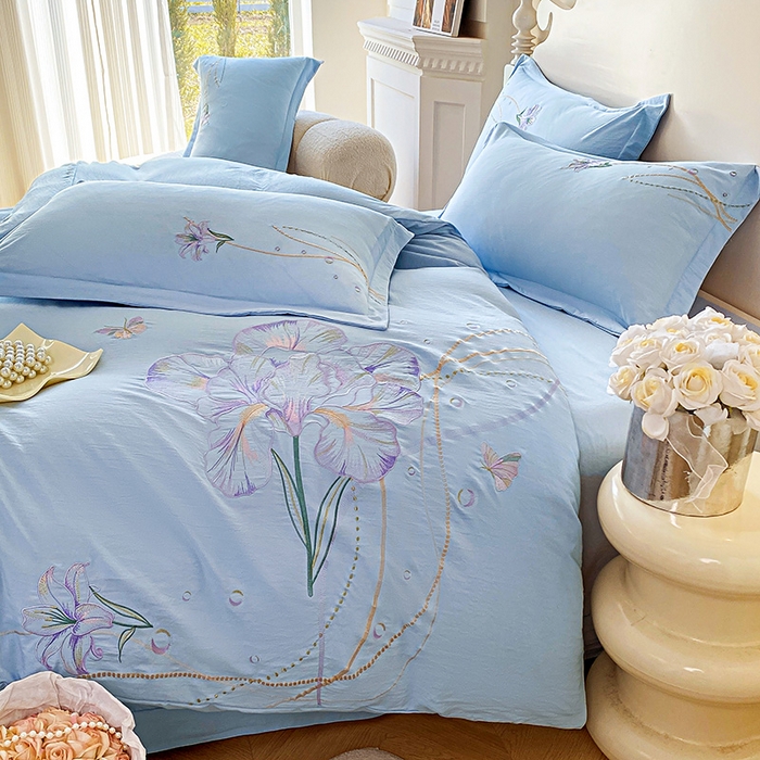 91家纺网 家纺一手货源 找家纺 大麦乐田 2025新款刺绣床裙款四件套-轻舞飞扬 轻舞飞扬 兰