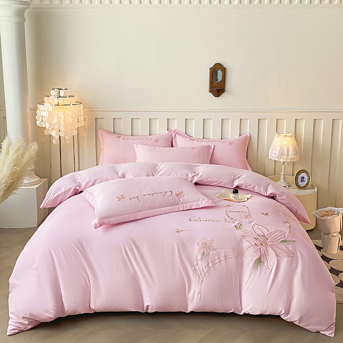 91家纺网 家纺一手货源 找家纺 大麦乐田 2025新款刺绣床裙款四件套-百合花 百合花 粉玉