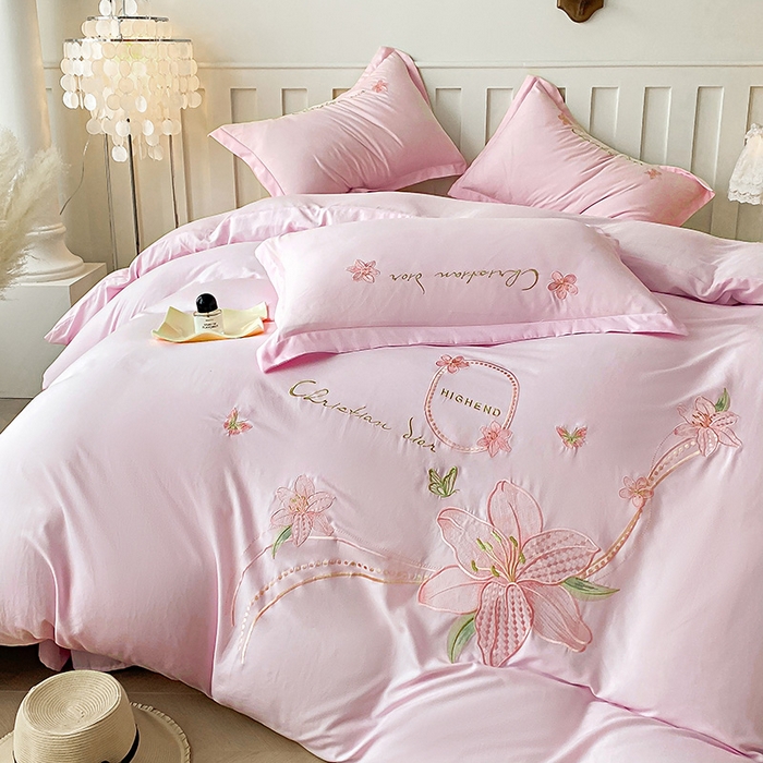 91家纺网 家纺一手货源 找家纺 大麦乐田 2025新款刺绣床裙款四件套-百合花 百合花 粉玉