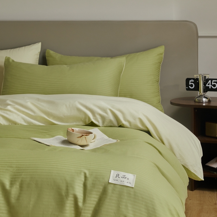 91家纺网 家纺一手货源 找家纺 眠博士 2025新款60贡缎提花四件套 60贡缎-提花豆绿+黄