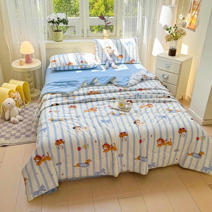 91家纺网 家纺一手货源 找家纺 丝芙妮家居（原乐视家纺） 2025春夏新款针织棉卡通印花夏被夏凉被空调被 俏皮狗