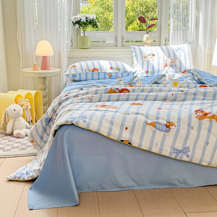 91家纺网 家纺一手货源 找家纺 丝芙妮家居（原乐视家纺） 2025春夏新款针织棉卡通印花夏被夏凉被空调被 俏皮狗