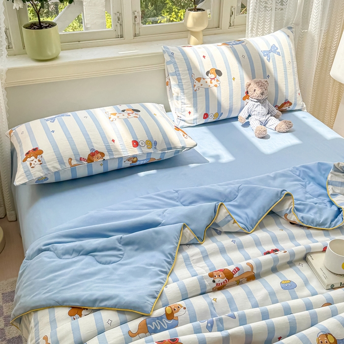 91家纺网 家纺一手货源 找家纺 丝芙妮家居（原乐视家纺） 2025春夏新款针织棉卡通印花夏被夏凉被空调被 俏皮狗