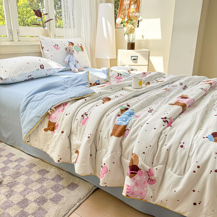 91家纺网 家纺一手货源 找家纺 丝芙妮家居（原乐视家纺） 2025春夏新款针织棉卡通印花夏被夏凉被空调被 趣味小狗