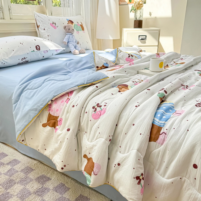 91家纺网 家纺一手货源 找家纺 丝芙妮家居（原乐视家纺） 2025春夏新款针织棉卡通印花夏被夏凉被空调被 趣味小狗