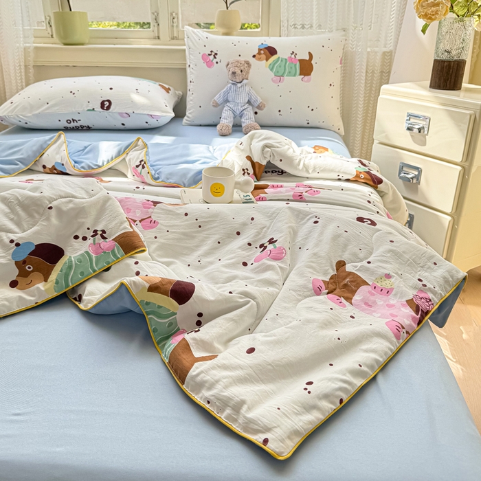 91家纺网 家纺一手货源 找家纺 丝芙妮家居（原乐视家纺） 2025春夏新款针织棉卡通印花夏被夏凉被空调被 趣味小狗