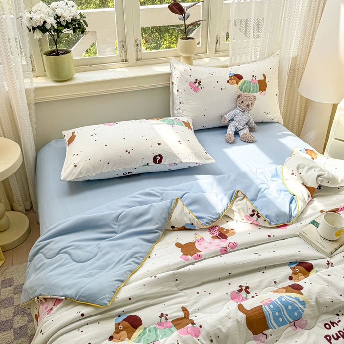 91家纺网 家纺一手货源 找家纺 丝芙妮家居（原乐视家纺） 2025春夏新款针织棉卡通印花夏被夏凉被空调被 趣味小狗