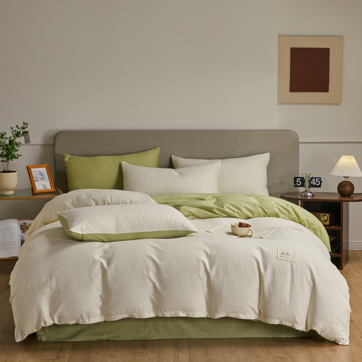 91家纺网 家纺一手货源 找家纺 眠博士 2025新款60贡缎提花四件套 60贡缎-提花雅白+绿