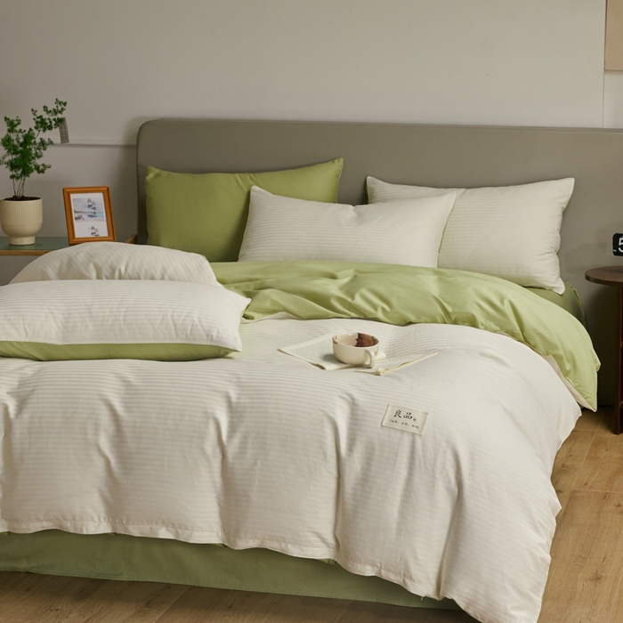 91家纺网 家纺一手货源 找家纺 眠博士 2025新款60贡缎提花四件套 60贡缎-提花雅白+绿