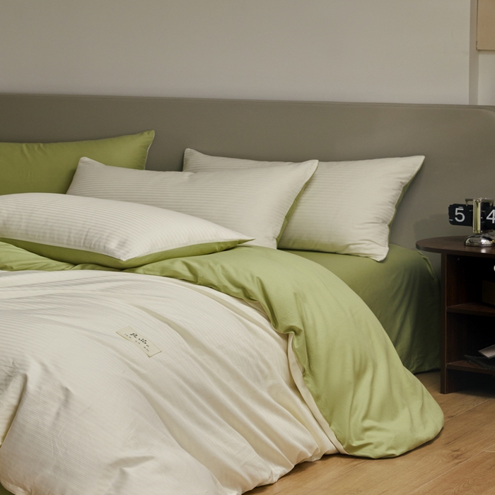 91家纺网 家纺一手货源 找家纺 眠博士 2025新款60贡缎提花四件套 60贡缎-提花雅白+绿