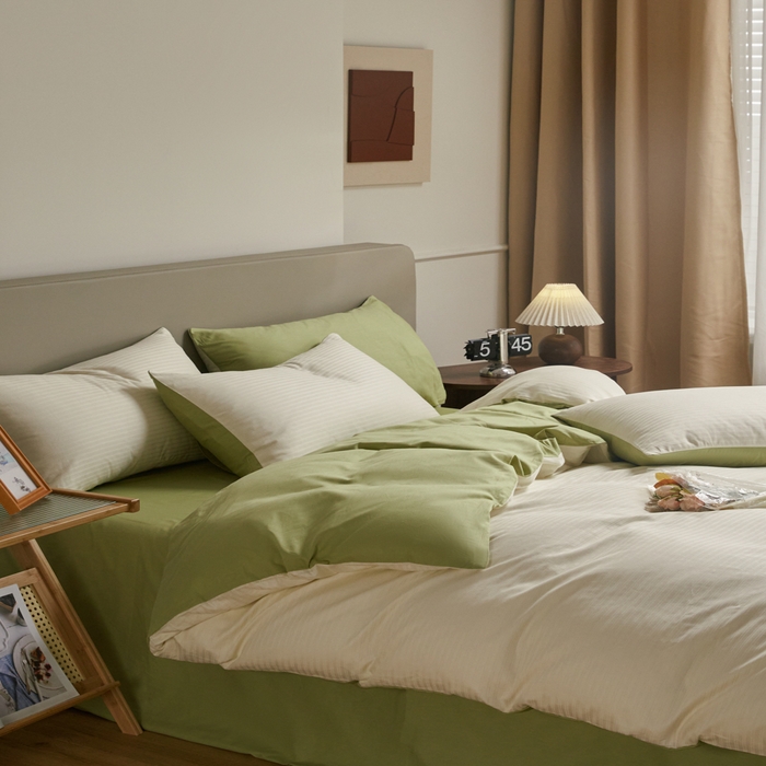 91家纺网 家纺一手货源 找家纺 眠博士 2025新款60贡缎提花四件套 60贡缎-提花雅白+绿