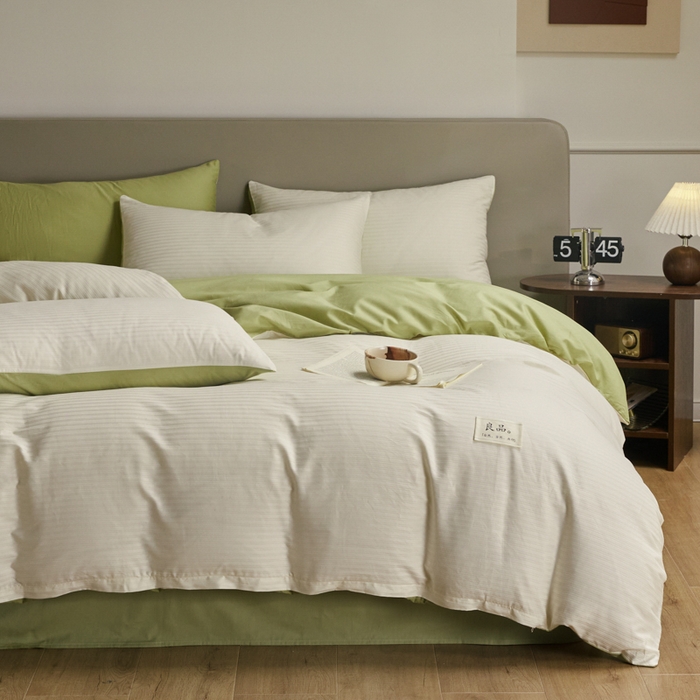 91家纺网 家纺一手货源 找家纺 眠博士 2025新款60贡缎提花四件套 60贡缎-提花雅白+绿