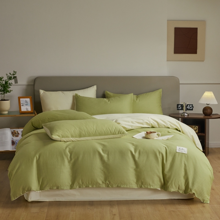 91家纺网 家纺一手货源 找家纺 眠博士 2025新款60贡缎提花四件套 60贡缎-提花豆绿+黄