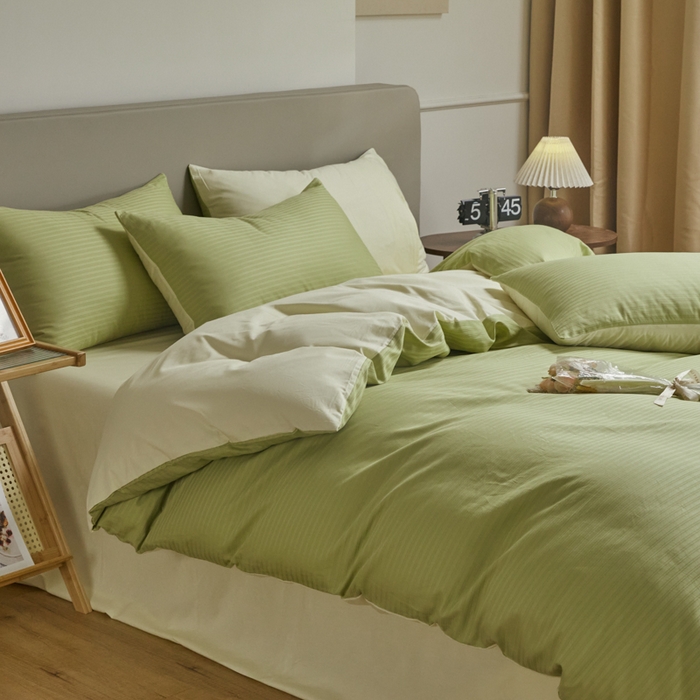 91家纺网 家纺一手货源 找家纺 眠博士 2025新款60贡缎提花四件套 60贡缎-提花豆绿+黄