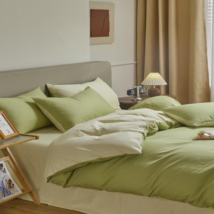 91家纺网 家纺一手货源 找家纺 眠博士 2025新款60贡缎提花四件套 60贡缎-提花豆绿+黄