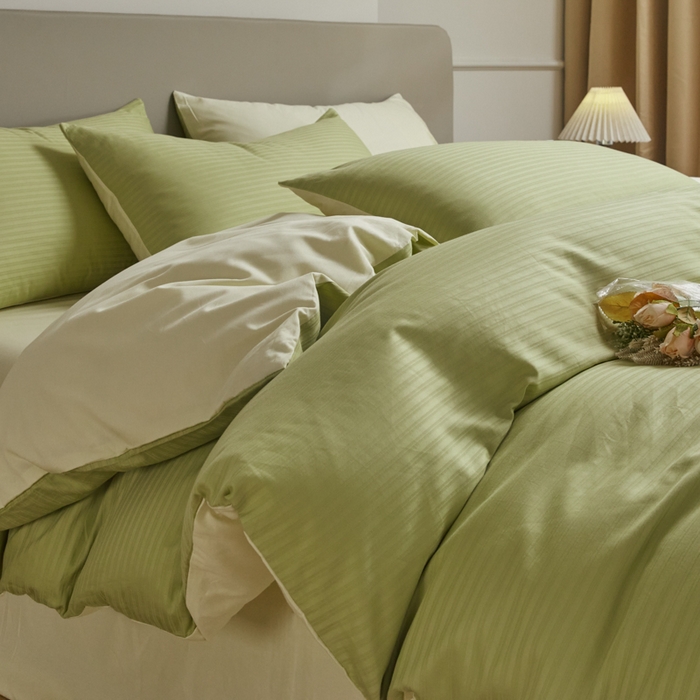 91家纺网 家纺一手货源 找家纺 眠博士 2025新款60贡缎提花四件套 60贡缎-提花豆绿+黄