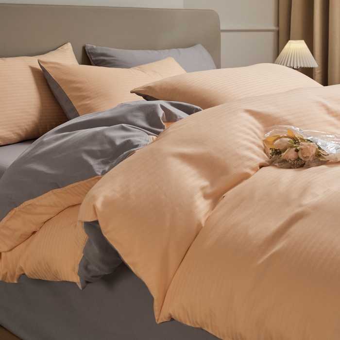 91家纺网 家纺一手货源 找家纺 眠博士 2025新款60贡缎提花四件套 60贡缎-提花橘粉+灰