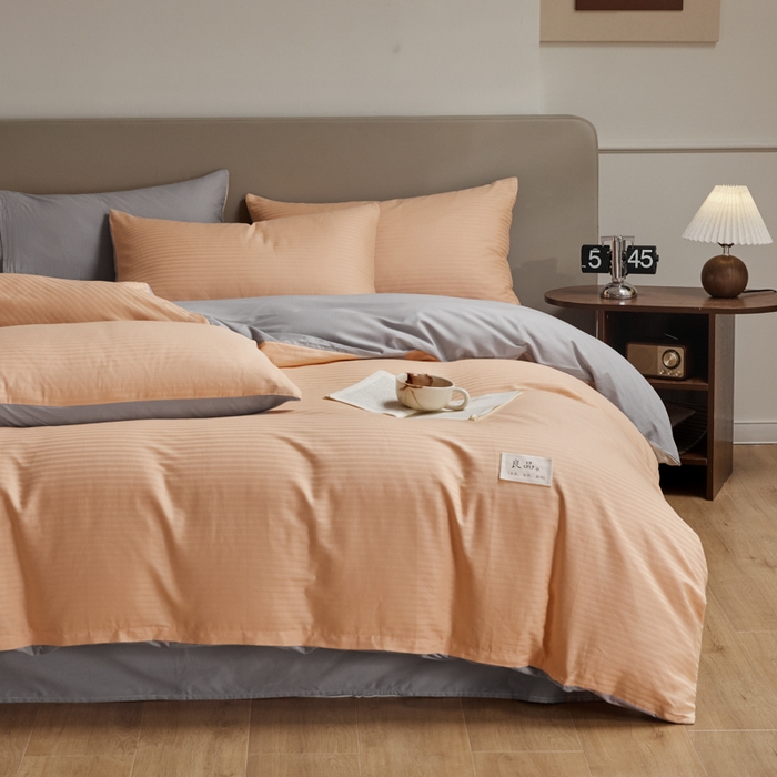 91家纺网 家纺一手货源 找家纺 眠博士 2025新款60贡缎提花四件套 60贡缎-提花橘粉+灰