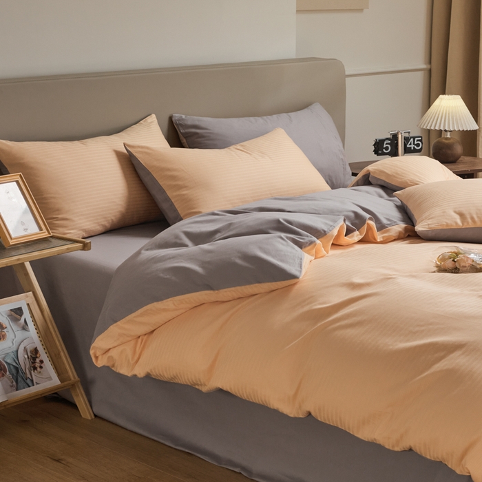 91家纺网 家纺一手货源 找家纺 眠博士 2025新款60贡缎提花四件套 60贡缎-提花橘粉+灰