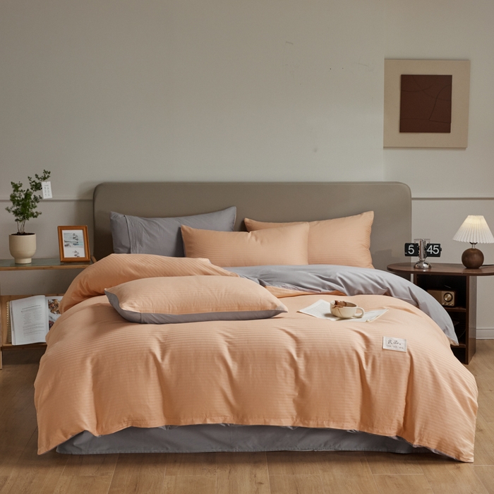 91家纺网 家纺一手货源 找家纺 眠博士 2025新款60贡缎提花四件套 60贡缎-提花橘粉+灰