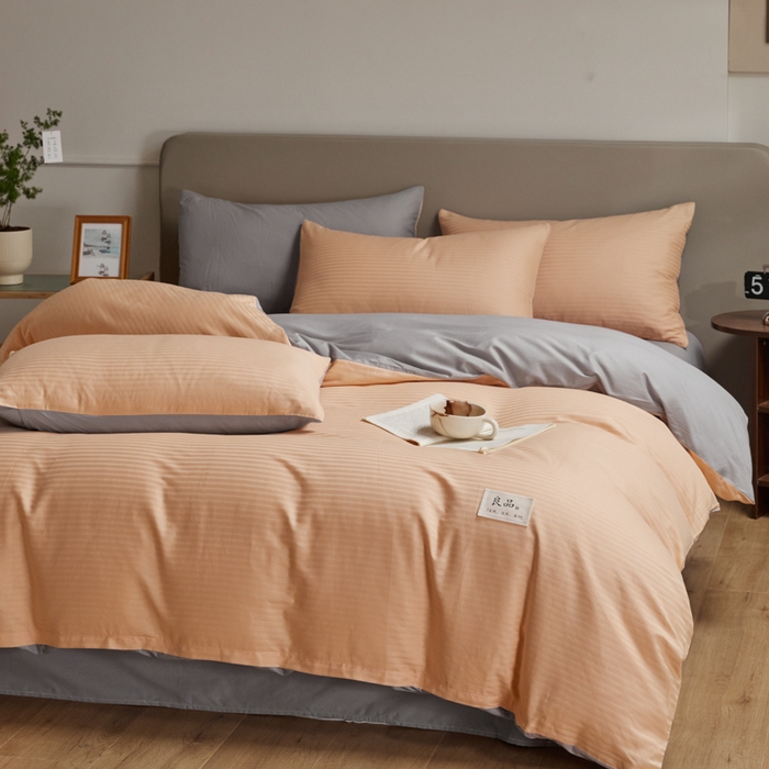 91家纺网 家纺一手货源 找家纺 眠博士 2025新款60贡缎提花四件套 60贡缎-提花橘粉+灰