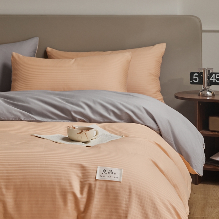 91家纺网 家纺一手货源 找家纺 眠博士 2025新款60贡缎提花四件套 60贡缎-提花橘粉+灰