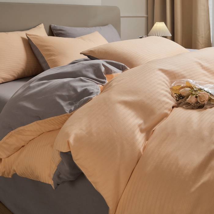 91家纺网 家纺一手货源 找家纺 眠博士 2025新款60贡缎提花四件套 60贡缎-提花橘粉+灰