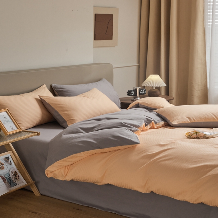 91家纺网 家纺一手货源 找家纺 眠博士 2025新款60贡缎提花四件套 60贡缎-提花橘粉+灰