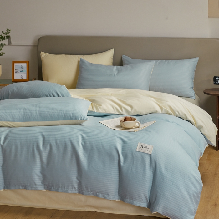 91家纺网 家纺一手货源 找家纺 眠博士 2025新款60贡缎提花四件套 60贡缎-提花雅蓝+黄