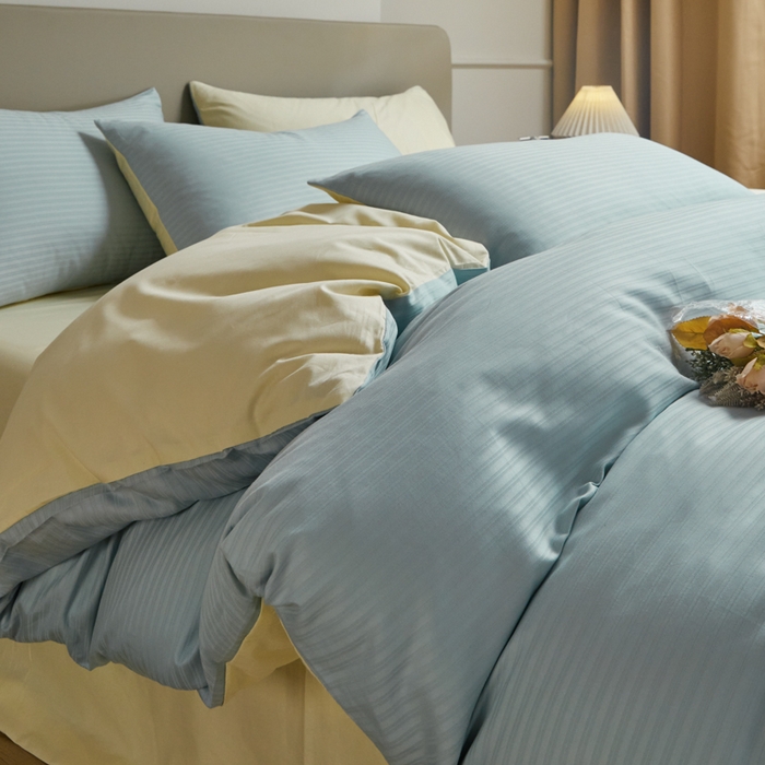 91家纺网 家纺一手货源 找家纺 眠博士 2025新款60贡缎提花四件套 60贡缎-提花雅蓝+黄