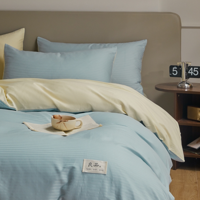 91家纺网 家纺一手货源 找家纺 眠博士 2025新款60贡缎提花四件套 60贡缎-提花雅蓝+黄