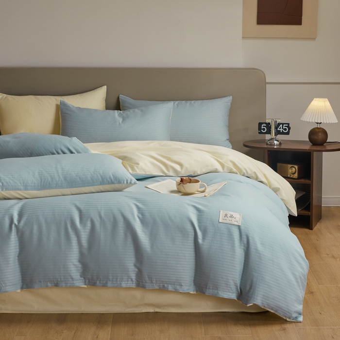 91家纺网 家纺一手货源 找家纺 眠博士 2025新款60贡缎提花四件套 60贡缎-提花雅蓝+黄