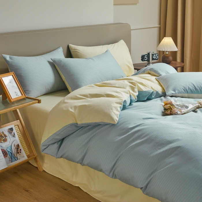 91家纺网 家纺一手货源 找家纺 眠博士 2025新款60贡缎提花四件套 60贡缎-提花雅蓝+黄