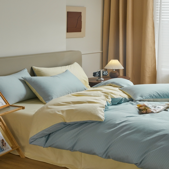 91家纺网 家纺一手货源 找家纺 眠博士 2025新款60贡缎提花四件套 60贡缎-提花雅蓝+黄