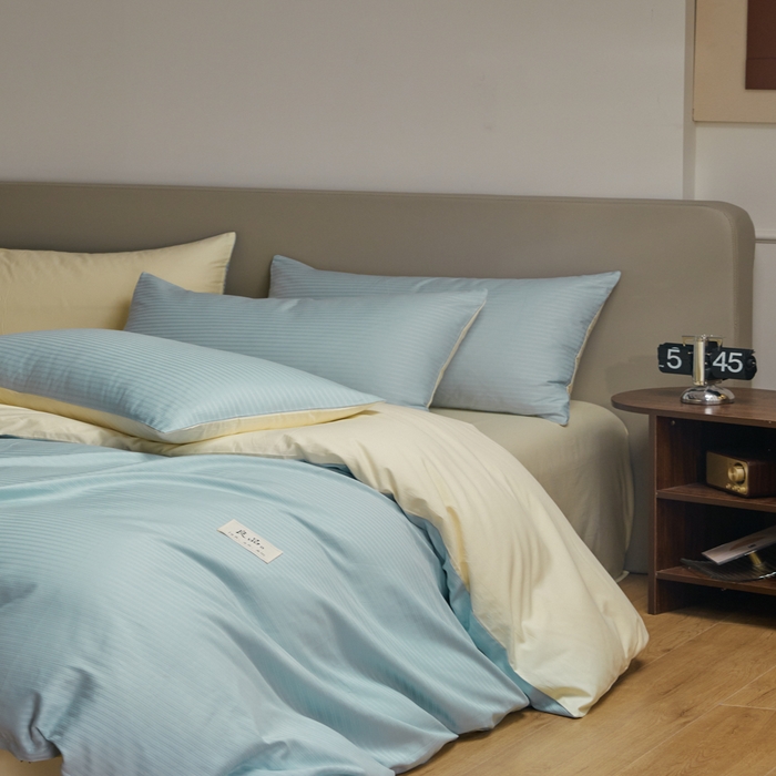 91家纺网 家纺一手货源 找家纺 眠博士 2025新款60贡缎提花四件套 60贡缎-提花雅蓝+黄