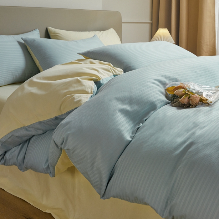 91家纺网 家纺一手货源 找家纺 眠博士 2025新款60贡缎提花四件套 60贡缎-提花雅蓝+黄