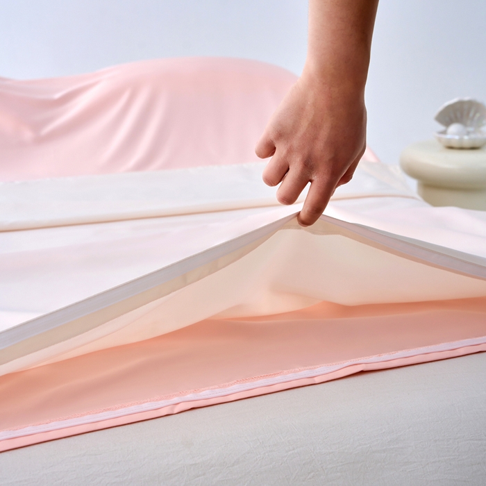 91家纺网 家纺一手货源 找家纺 爱彼家纺 2025新款夏季冰丝纯色旅行睡袋-系列一 睡袋-奶昔白+粉