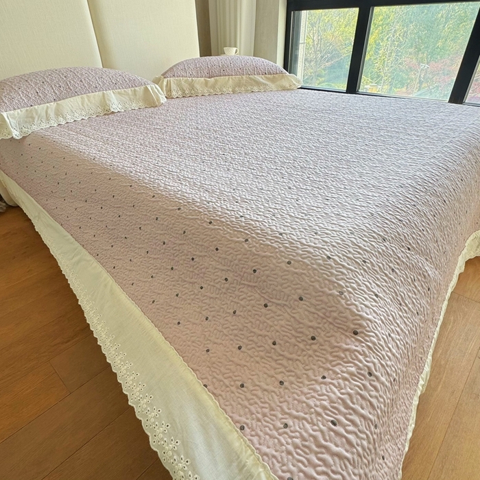 91家纺网 家纺一手货源 找家纺 8+8 2025新款全棉双层纱床盖三件套 花漾甜心