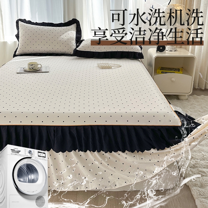 91家纺网 家纺一手货源 找家纺 笠裙家纺 2025新款水洗棉床裙 荷叶花边法式赫本风床裙 波点