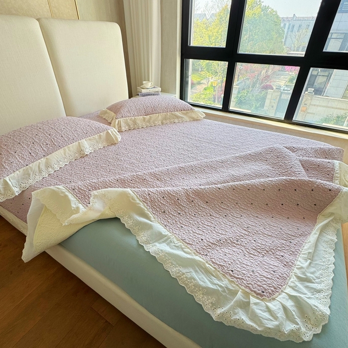 91家纺网 家纺一手货源 找家纺 8+8 2025新款全棉双层纱床盖三件套 花漾甜心