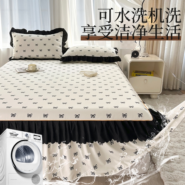 91家纺网 家纺一手货源 找家纺 笠裙家纺 2025新款水洗棉床裙 荷叶花边法式赫本风床裙 蝴蝶结