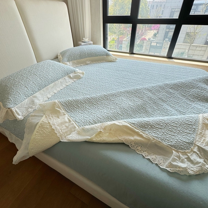 91家纺网 家纺一手货源 找家纺 8+8 2025新款全棉双层纱床盖三件套 璎珞