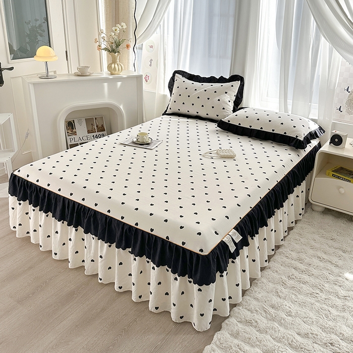 91家纺网 家纺一手货源 找家纺 笠裙家纺 2025新款水洗棉床裙 荷叶花边法式赫本风床裙 爱心