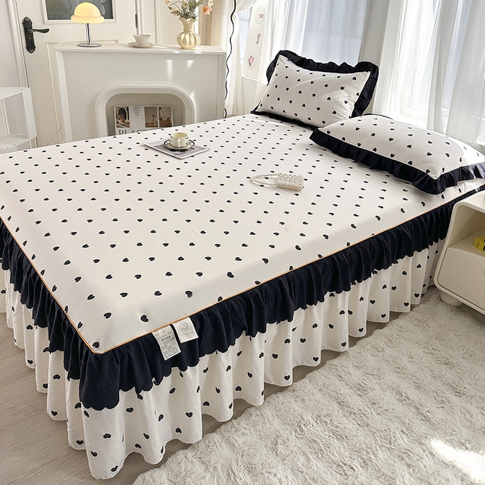 91家纺网 家纺一手货源 找家纺 笠裙家纺 2025新款水洗棉床裙 荷叶花边法式赫本风床裙 爱心