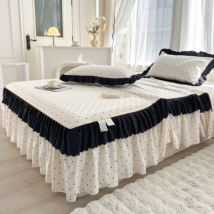 91家纺网 家纺一手货源 找家纺 笠裙家纺 2025新款水洗棉床裙 荷叶花边法式赫本风床裙 波点