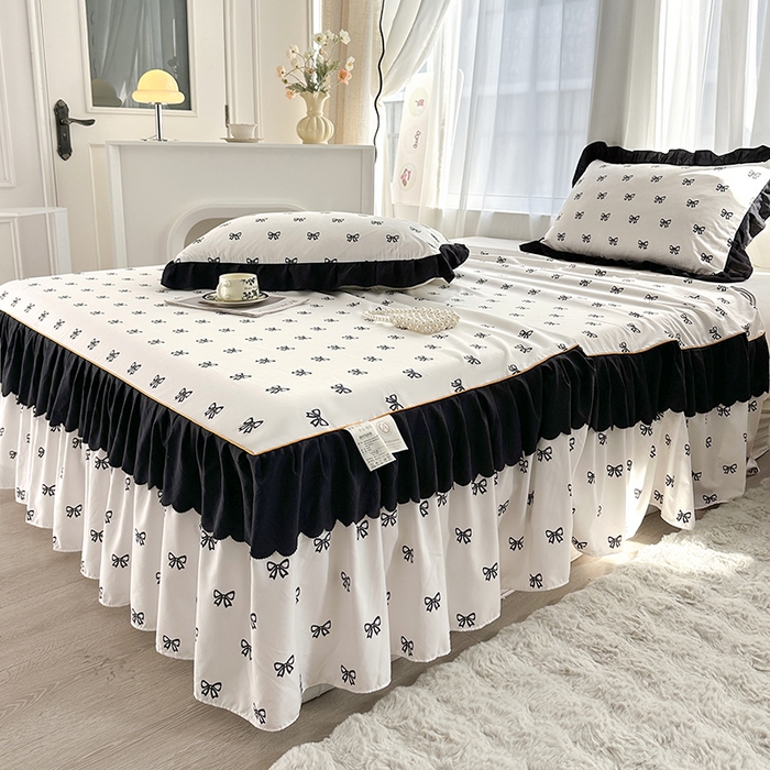 91家纺网 家纺一手货源 找家纺 笠裙家纺 2025新款水洗棉床裙 荷叶花边法式赫本风床裙 蝴蝶结